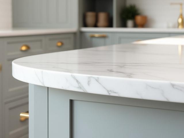 Klassiskt grått kök med mässingsdetaljer och marmorbänkskiva