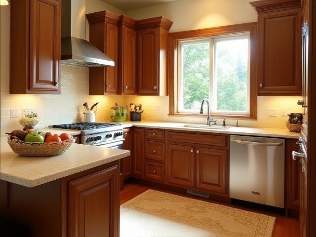 Klassiskt tidlöst kök i trä med bänkskiva i natursten